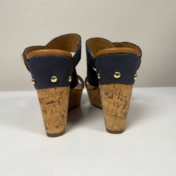 Tommy Hilfiger Mili 2 Wedge Sandal Blue Navy Strap Gold Heel Women 8.5 M - Picture 5 of 9